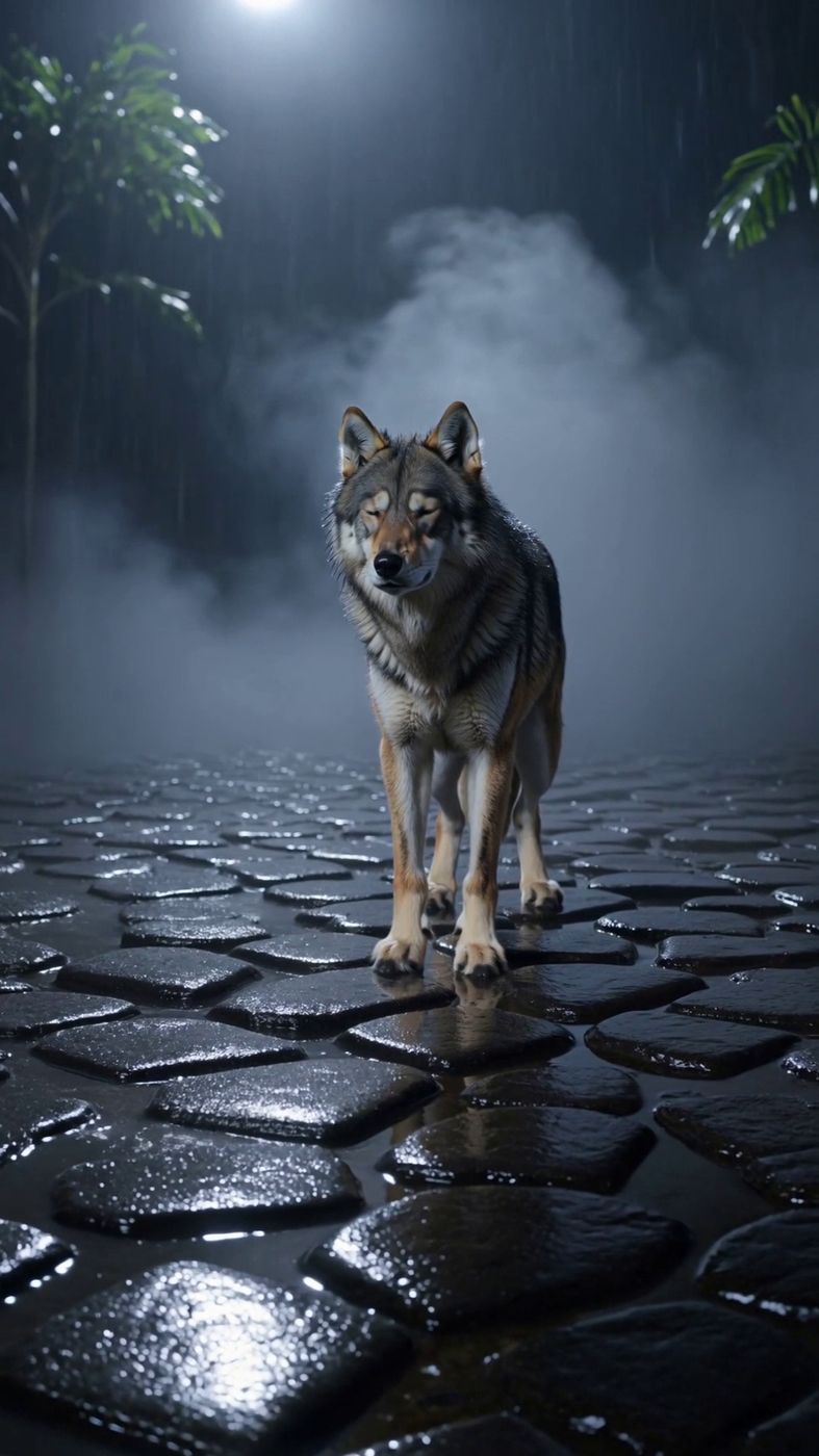 Wolf in mist on wet cobblestones